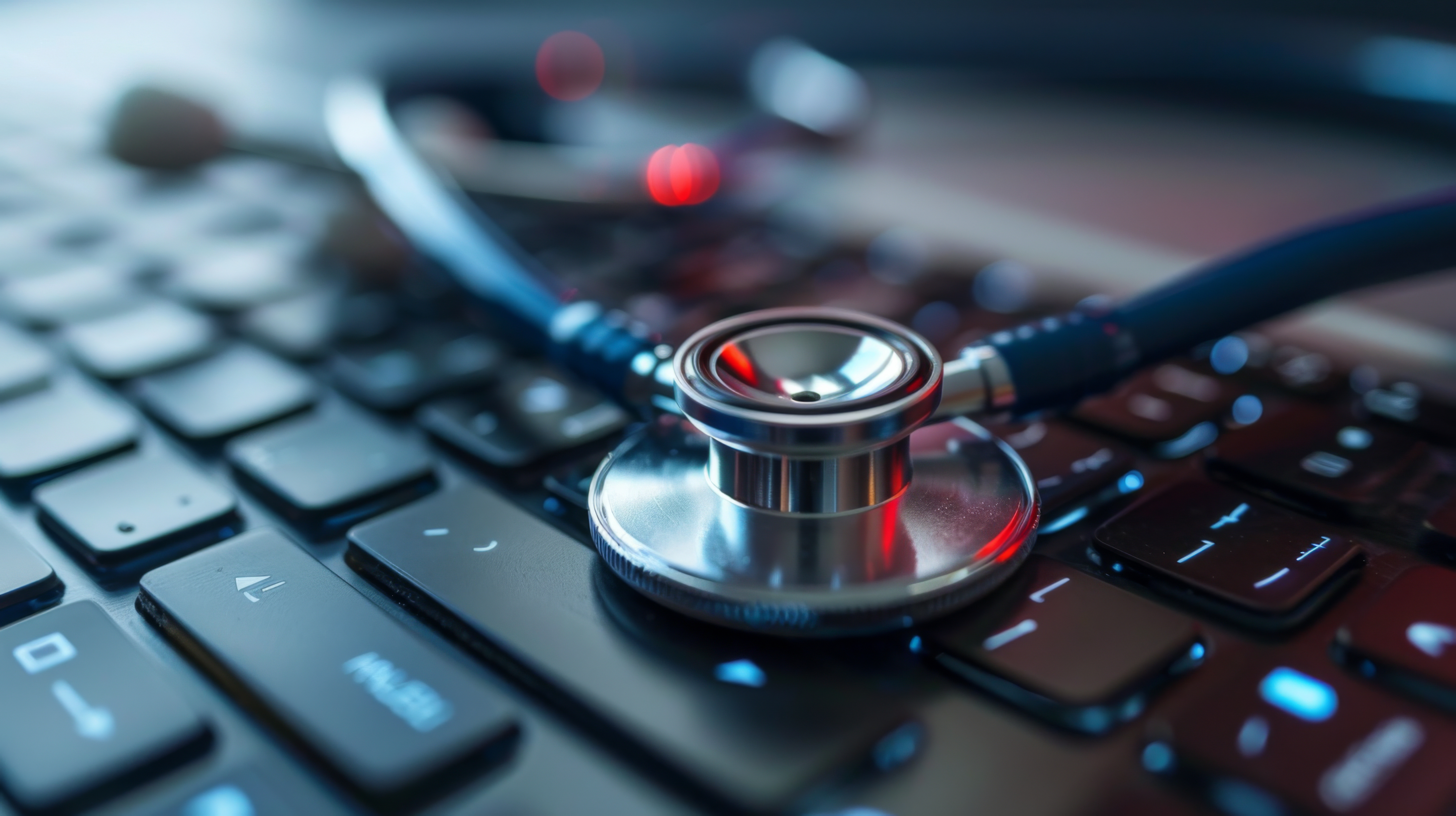 An image of a stethoscope sitting on a keyboard representing managed IT services for healthcare.