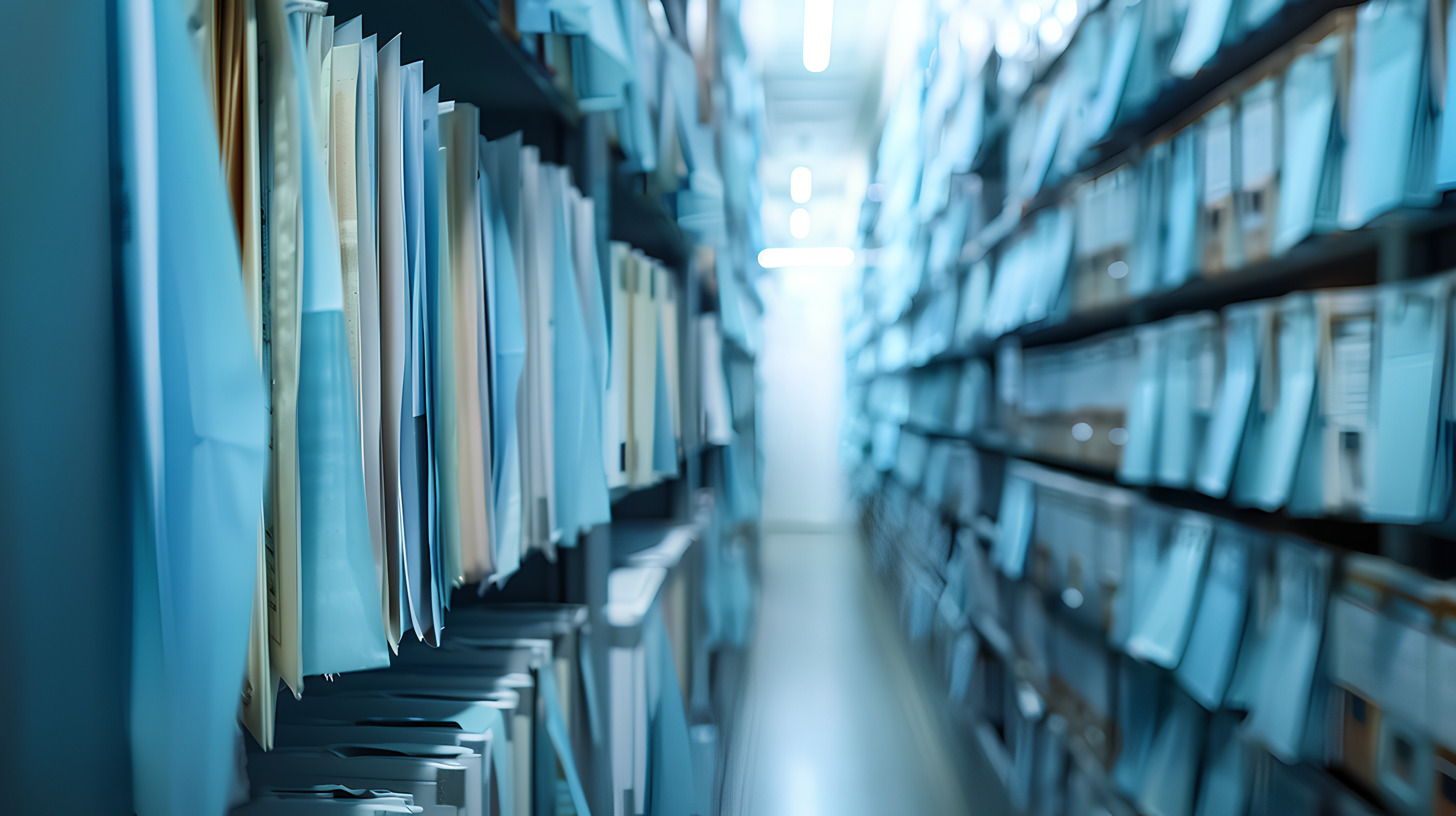 An artistic image of patient files on shelves representing healthcare document management. 